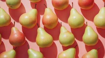 Multiple Pera Coscia pears filling entire frame, asymmetrical natural arrangement showing size variations, detailed capture of their smooth skin transitioning from lime green to rose red, visible