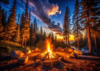 Obraz premium Serene Night Campfire in Dark Forest: Wide Angle Glowing Landscape Photography