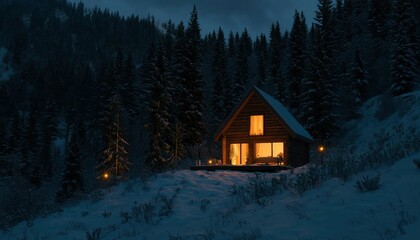 Cozy cabin nestled in a snowy, dark forest at night, illuminated from within