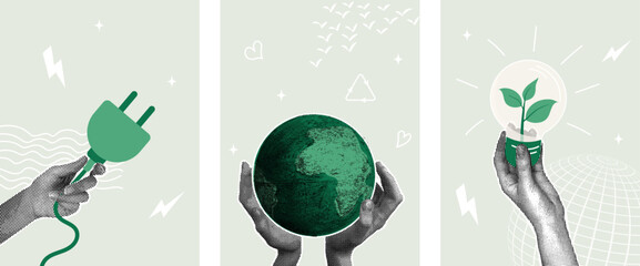 Trendy halftone collage. Green energy solutions. Hands holding globe, light bulb with sprout, green power plug.Zero waste lifestyle concept with sustainability elements.