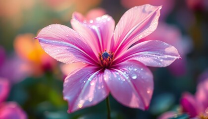 Close-up of a vibrant pink flower glistening with water droplets and softly illuminated by sunlight