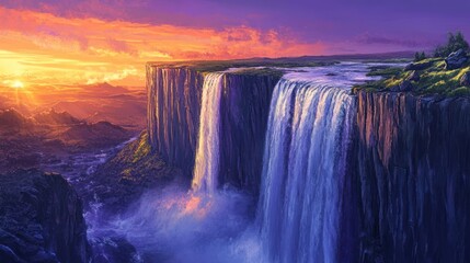 Fototapeta premium Majestic waterfall sunset, plateau landscape, travel poster