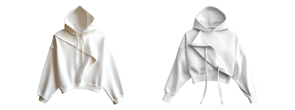Set of white asymmetrical hoodie isolated on transparent background, in PNG format, cut out