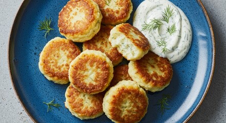 Delicious Crispy Potato Pancakes with Creamy Dill Sauce on Blue Plate