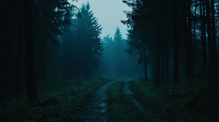 Obraz premium Misty forest path, shrouded in darkness. Mysterious, serene, and atmospheric