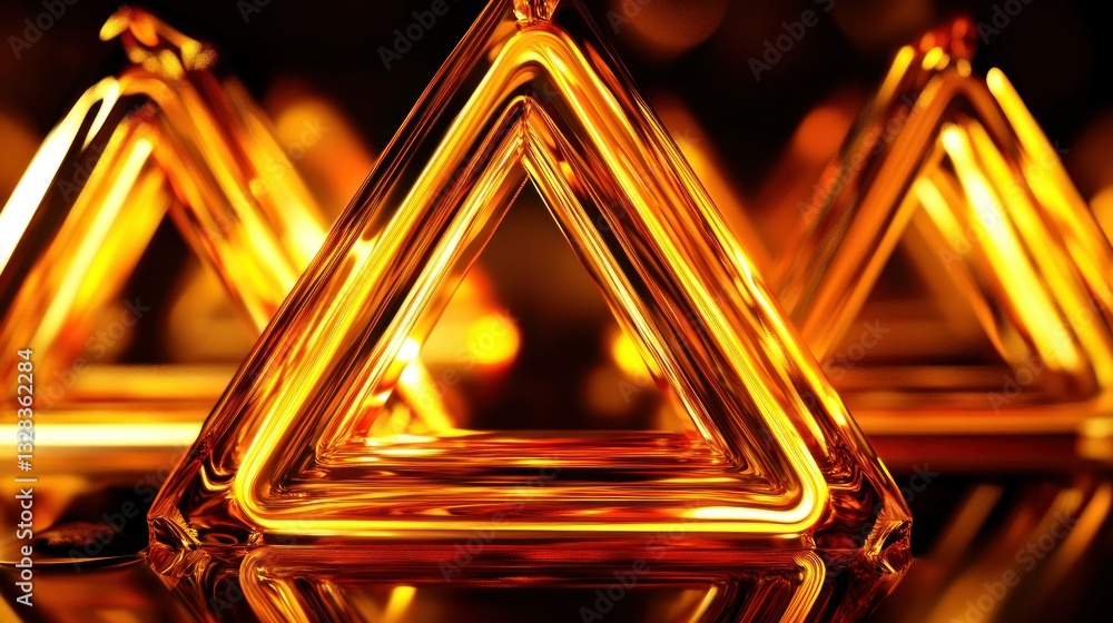 Poster several gold triangle shapes are reflecting light in a dark setting