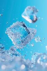 Obraz premium Crystal-clear ice cubes levitate against a vibrant blue backdrop, water droplets suspended in mid-air
