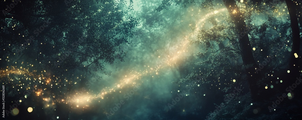 Aufkleber luminous particles create a magical shimmering path within a forest scene