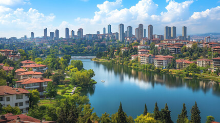Fototapeta premium Scenic view of a city skyline alongside a calm river, surrounded by greenery and buildings.