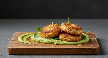 Delicious Crab Cakes with Creamy Avocado Puree on Wooden Board