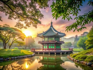 Obraz premium Serene Pavilion in Gyeongbokgung Palace Garden, Seoul, South Korea