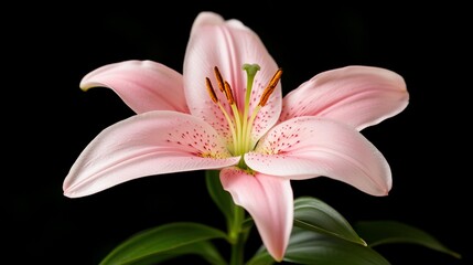 Fototapeta premium Delicate pink lily with green stem and leaves against a black background