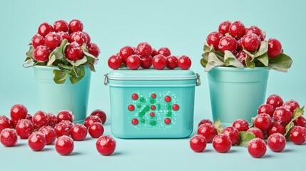 Red berries in containers and beside a small blue box