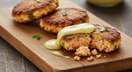Delicious Salmon Patties with Creamy Sauce on Wooden Board