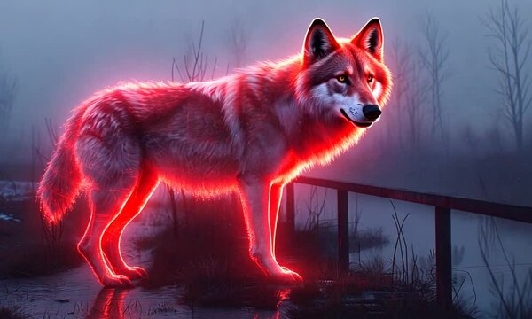 A glowing red wolf stands by a misty riverbank at dusk, surrounded by barren trees