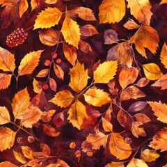 Fototapeta premium Sophisticated fall foliage pattern, expertly hand-painted leaves showing watercolor granulation and color bleeds, rich autumn palette from golden yellow to deep maroon, carefully composed acorns and