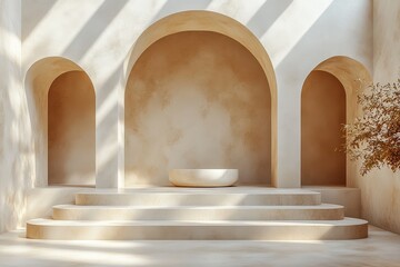 Minimalist Stage Design Featuring Arched Cream Podium with Soft Lighting and Ultra-Wide Angle Close-Up. Minimalist, High Resolution, Detailed Front View.