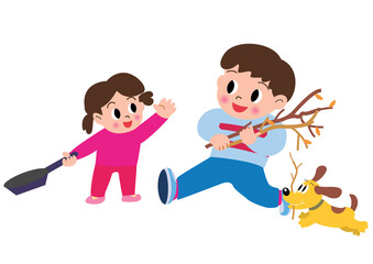 キャンプで薪を集める子供たちと犬
