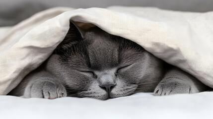 Sleepy Gray Cat Snuggled Under Cozy Blanket in Soft Setting