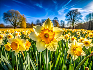 Obraz premium Happy Easter, daffodil flowers in the field. Beautiful holiday background