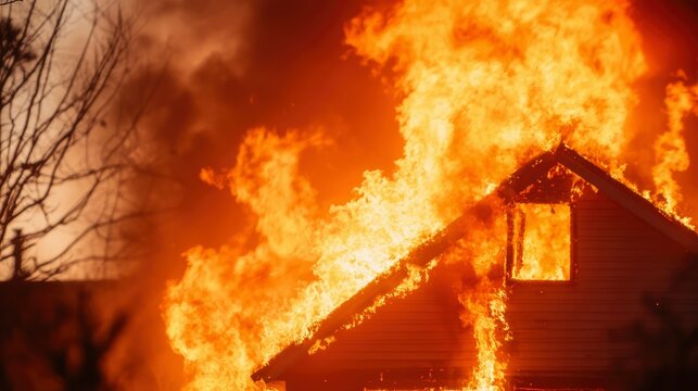 Intense house fire with raging flames engulfing the structure