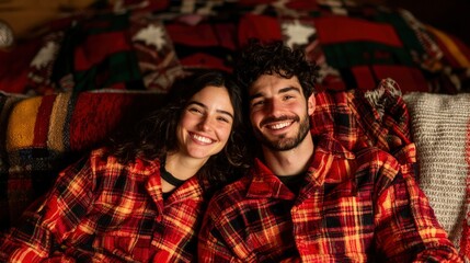 Fototapeta premium Happy couple cuddling on a cozy couch, smiling at the camera