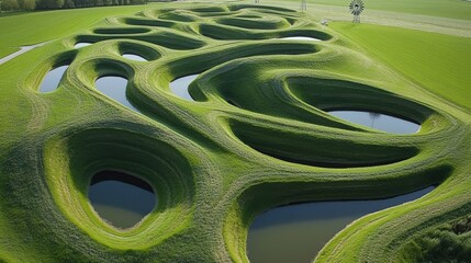 Top down view of manicured Dutch meadows divided by precise drainage ditches, mechanized hay collection in progress with tractors leaving neat lines across fields, scattered windmills in distance,