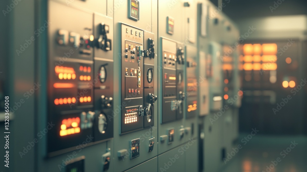 Poster control panels with buttons and displays in a room setting