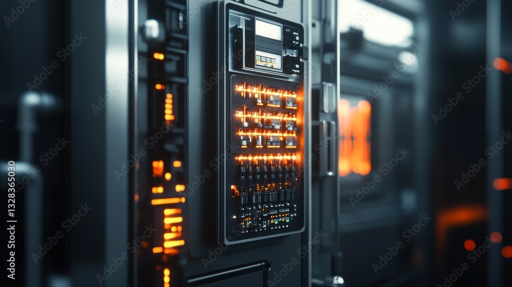 Poster a close up image of an illuminated control panel structure