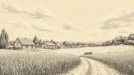 vintage engraving style agricultural landscape, meticulous stippling texture on wheat heads, flowing lines suggesting wind movement, detailed village architecture with cross-hatched shadows, wispy