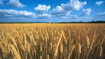 ultra-wide vista mature wheat stalks heavy with grain, rolling waves of wheat extending to vanishing point, dramatic cloud formations casting dynamic shadows, isolated farmhouse silhouette in far