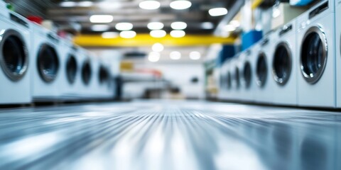 Industrial Laundry Machines in Laundromat with Blurred Background for Stock Photo Usage