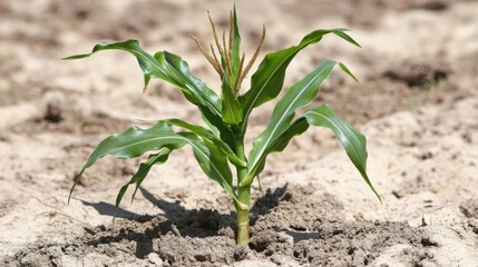 close-up weathered corn plant with shriveled leaves drooping downward, prematurely browned tassels, undersized ears with exposed kernels, parched soil texture visible, harsh midday shadows