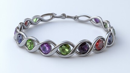 A silver bracelet featuring colorful gemstone adornments on a white surface