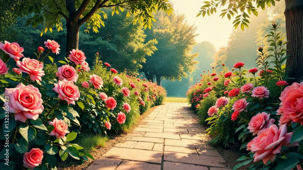 Poster a path with a tree and pink flowers. the flowers are in the foreground and the tree is in the backgr