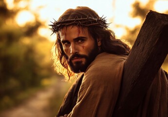 Jesus with thorn crown and cross depicted during sunset in a powerful image