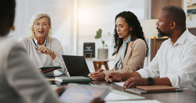 Laptop, teamwork and meeting with business people in office for strategy, project and research. Company growth, market report and brainstorming with employees in agency for discussion and planning - Powered by Adobe