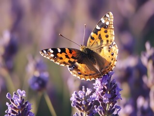 Obraz premium Orange butterfly with black and white spots perched on a lavender flower.