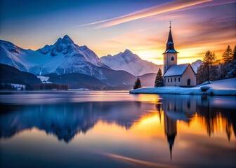 Fototapeta premium Serene Snowy Church Silhouette by Calm Water, Mountain View - Winter Landscape Stock Photo
