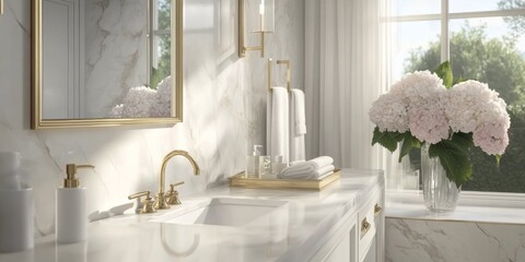 Luxurious White Bathroom Interior with Marble Countertop and Bath Accessories, with Ample Copy Space for Product Placement