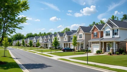 A Picturesque Suburban Street Lined With Charming Two-story Homes Bathed In Warm Sunlight, Showcasing A Peaceful And Idyllic Neighborhood Scene On A Beautiful Summer Day
