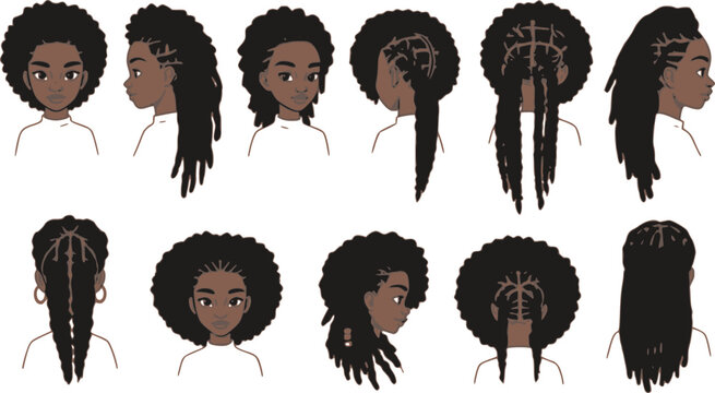 Set of female afro hairstyles. Collection of dreads and afro braids for a girl. Black and white illustration for a hairdrymaker.
