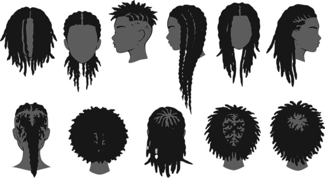 Set of female afro hairstyles. Collection of dreads and afro braids for a girl. Black and white illustration for a hairdrymaker.
