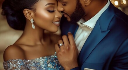 Passionate African couple in elegant evening attire, showcasing love and sophistication in a luxurious fashion setting