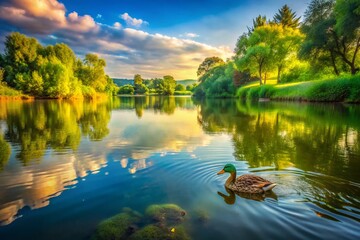 Serene Summer Landscape: Kitayevo, Kyiv - Reflections of Trees and a Duck