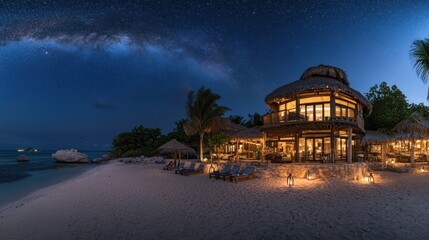 Tropical beach house at night under starry sky, Milky Way visible, calm ocean, palm trees, lanterns.