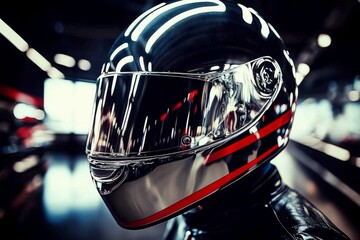 Race Car Driver Wearing Helmet Speeding on Track - 3D Render Gradient Illustration
