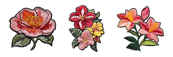 Vibrant colorful floral embroidery patch with leaves isolated on transparent background, in PNG format, cut out