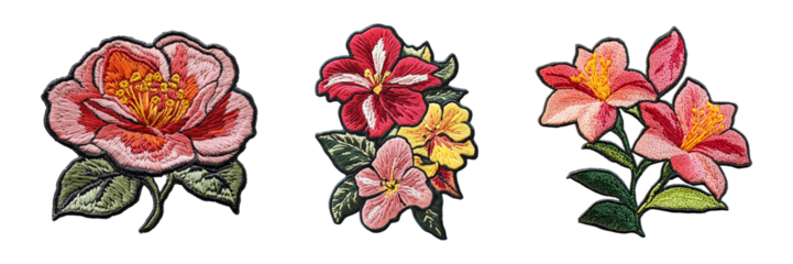 Vibrant colorful floral embroidery patch with leaves isolated on transparent background, in PNG format, cut out