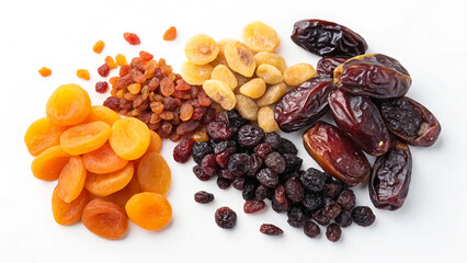 Obraz premium Assorted Dried Fruits on White Background: Apricots, Raisins, Cranberries, Dates
